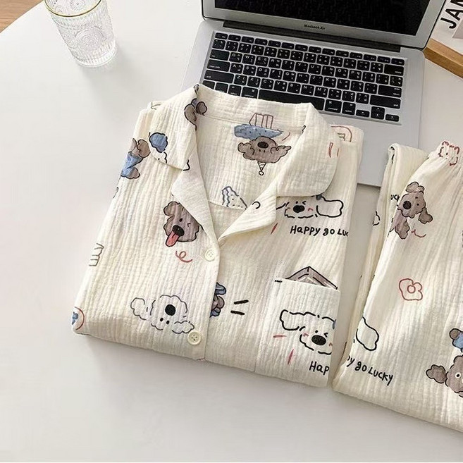 무니유유 여성 가벼운 구름면 카라넥 긴팔 수면 잠옷 상하의 세트