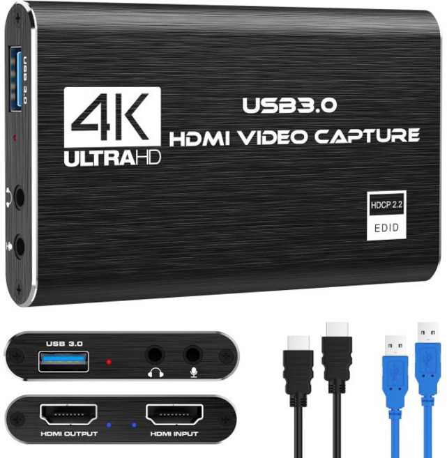 Rybozen 4K 오디오 비디오 캡처 카드 USB 3.0 HDMI 장치 게임 녹화 라이브 스트리밍 방송용 Full HD 1080P, Black, 1개