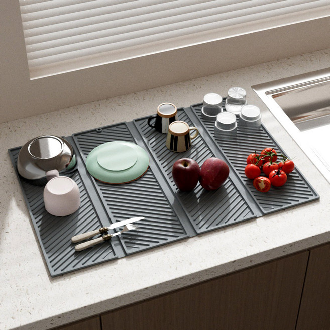 접이식 특대형 주방 물빠짐 식기건조매트 실리콘 건조 패드, 그레이, 1개, 1단