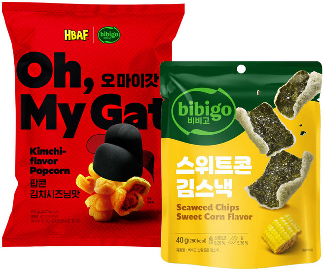 비비고(팝콘김치시즈닝+스위트콘김스낵), 1세트, 120g