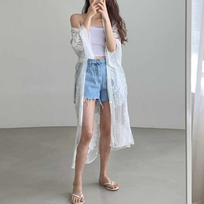 바이미니 시스루 레이스 롱 로브 가디건