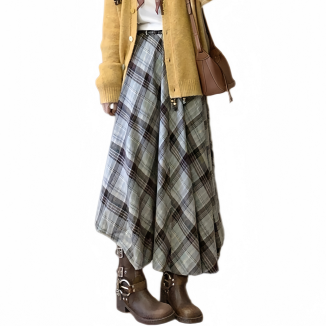 Makone 여성 하이웨이스트 체크 치마 비대칭 밑단 A라인 빈티지 코디네이터 빈티지 롱 스커트