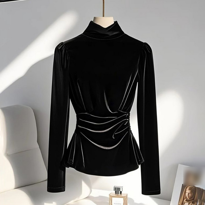 ROYALBELLE 여성 벨벳 하이넥 티셔츠 셔링 포인트 슬림핏 우아한 긴팔 티셔츠 E0091101