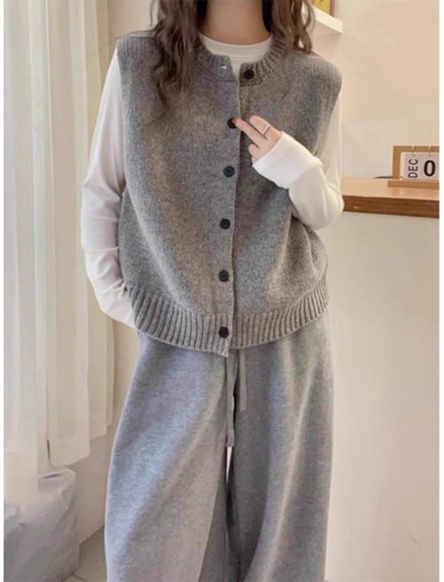 POMTOR 여성 봄 가을 심플 니트 조끼 가디건 민소매 베스트