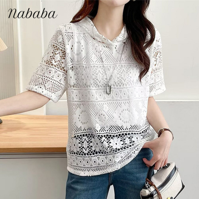 나바바 NT2591 여성 시원한 레이스 반팔 후드 티셔츠