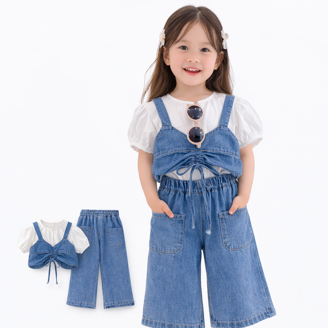여아 데님 뷔스티에 상하세트 유아 청바지 와이드팬츠 여름 투피스