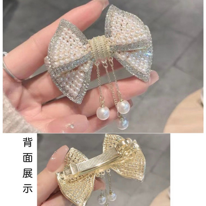 典雅珍珠垂墜蝴蝶結髮夾 一字夾設計 長7.5cm 高8.5cm