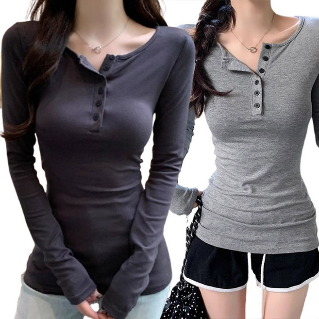후쿠호 1+1 여성용 무지 버튼 슬림라인 긴팔 티셔츠
