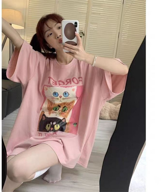 大碼女裝寬鬆遮肉上衣，可愛洋氣粉色T恤，150kg胖MM夏季新款