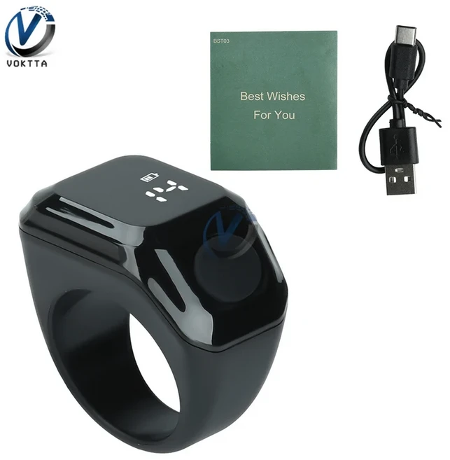 스마트 타스비 디지털 카운터 (무슬림용 타스비/지크르 반지) 5가지 기도 시간 알림 진동 충전 표시 기능, 02 Bla-High Edition