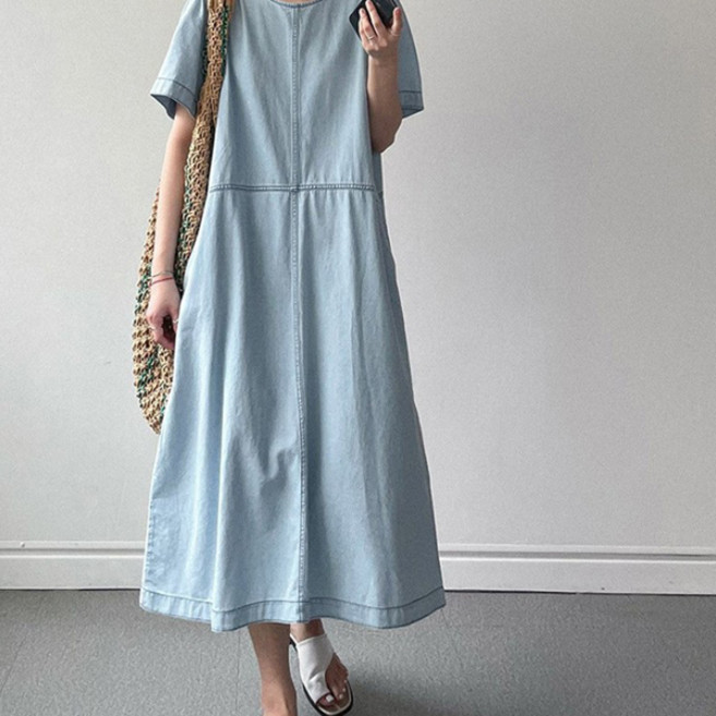 유니온 여성 빈티지 데님 반팔 오버핏 원피스