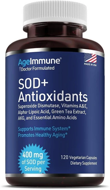 AgeImmune SOD 항산화 복합체 건강한 노화 보충제 - 슈퍼옥사이드 디스뮤타제 400mg 알파 리포산 L-아르기닌 라이신 AKG 비타민 A 면역 지원을 위한 E 60 캡, 120 Count (Pack of 1), 1개, 120정 - 쿠팡