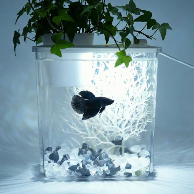 수경재배 화분 일체형 미니 어항 베타 구피 플라스틱 탁상용 수조, 1개, 화이트