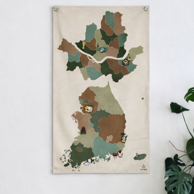 우리나라 국내 여행지도 서울 세계지도 유럽 아시아 패브릭 포스터 커플선물 뱃지 마그넷, 그린&브라운, 서울국내지도