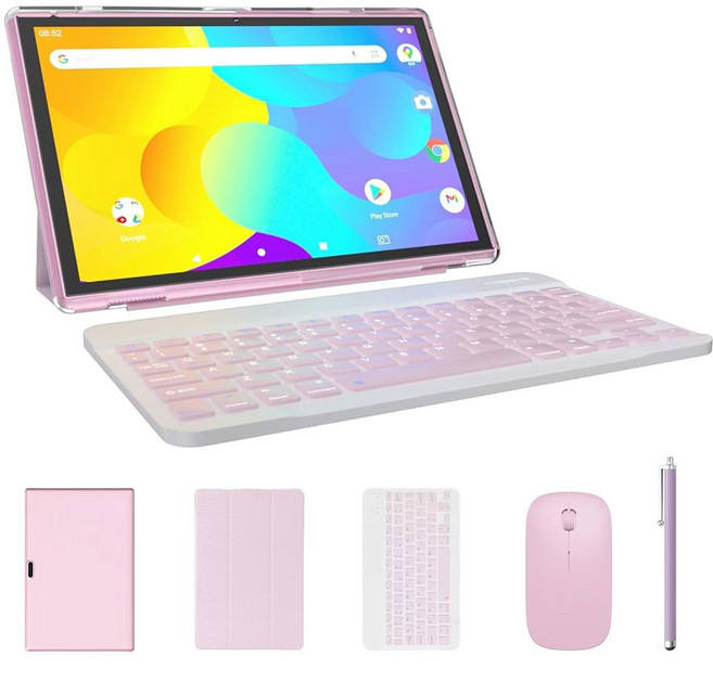 ATOZEE 태블릿 2 in 1 Android 14 태블릿 키보드 10인치 태블릿 마우스 스타일러스 케이스 6000mAh 6GB RAM 32GB ROM 1024GB 확장형, Pink, Pink