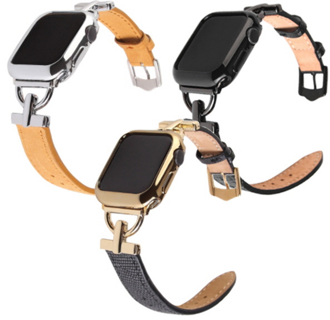 애플워치11 10 9 8 7 울트라 3 2 1 호환 슬림 가죽 스테인리스 스틸 고리 시계줄 스트랩, saw1004 블랙