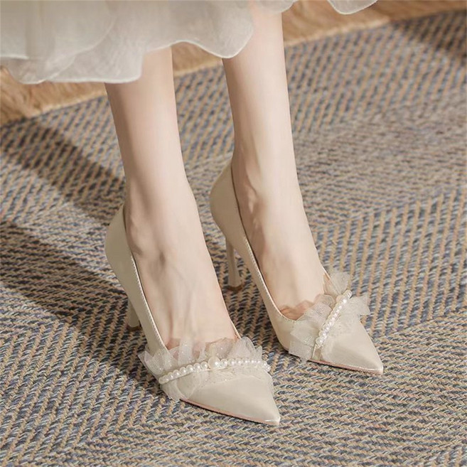 TKX 여성용 심플 우아한 하이힐 구두 진주 장식 레이스 포인트 데일리 오피스 파티 드레스 여성 신발 포멀 스타일