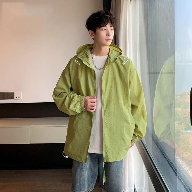 남성 자외선차단 바람막이 후드 집업 자켓 캐주얼 루즈 핏 큰사이즈 바람막이 JS, 라이트 그린
