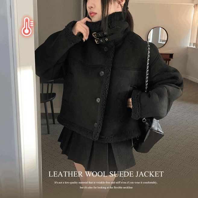 [당일출고/양털안감]스웨이드 하이넥버클무스탕 퍼카라 숏자켓 점퍼(겨울아우터옷 카라넥 뽀글이 레더 빅사이즈 일본여행 빈티지 Y2K 빈티지 데일리 크롭 점퍼 고급 페이크퍼 왕따숩 )