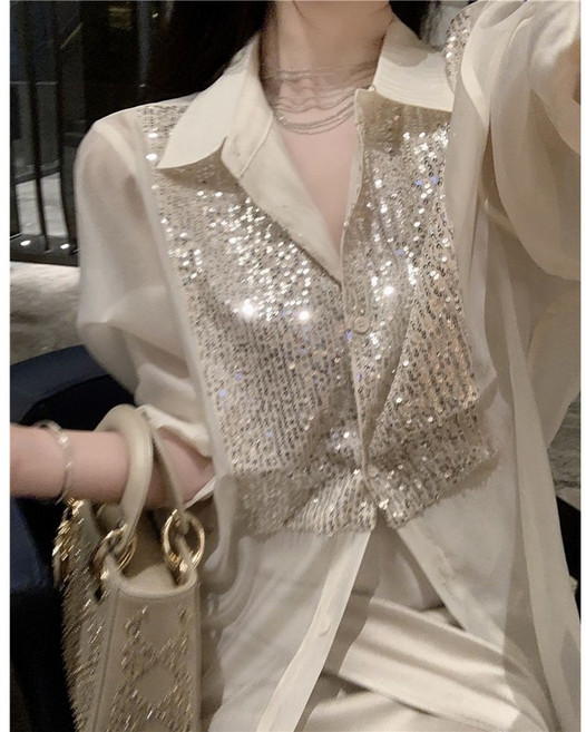 쌍천 루즈한 터틀넥 스팽글 블라우스 여성 반짝이 얇은 프렌치 자외선 차단 탑 A25081113