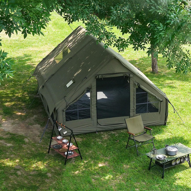 4-8인용 인플레이터블 캠핑 텐트 - 퀵설치 에어텐트 4계절 방수 휴대용 아웃도어 텐트 (스토브 잭 포함) 메쉬 창문 & 도어 초대형 캐노피 리빙룸 설계로 캠핑 및 야외 활동, 12 square meters, 그린