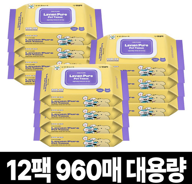 펫생각 80매 6팩 안늘어나는 고양이 강아지 물티슈 눈 귀 입 엉덩이 유기농 저자극 반려동물 펫 애견 대용량 바디티슈, 12개, 80개입