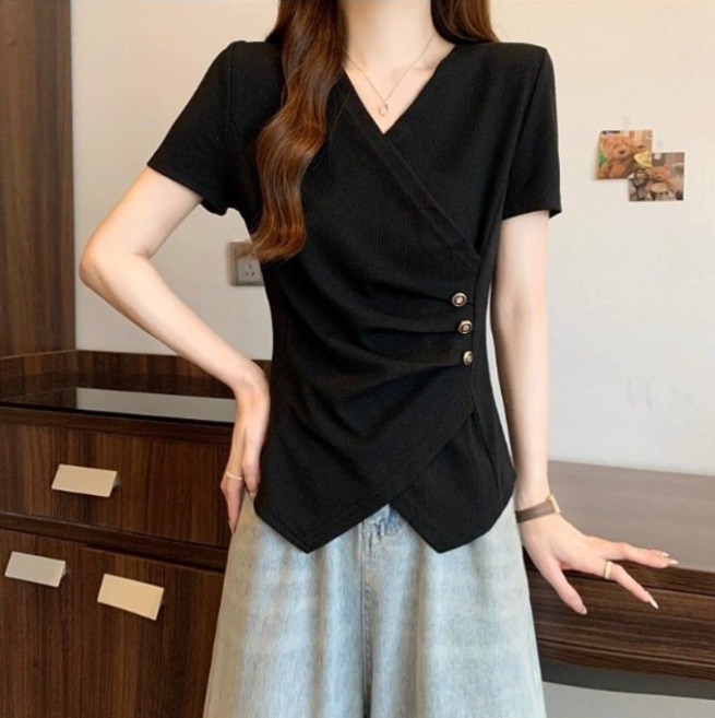 옌츠 여성 여름 브이넥 랩 디자인 반팔 티셔츠