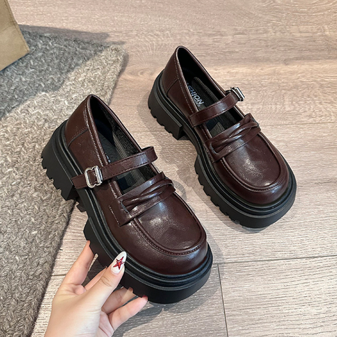 여성용 통굽 로퍼 키높이 편안한 심플 가죽 구두