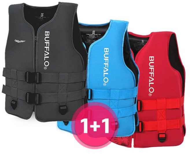[백화점 정품] 버팔로 슬림핏 구명조끼 부력 보조복 자켓 BUFFALO 네오프렌 1+1 2개, 리얼블랙 M, 팜레드 S