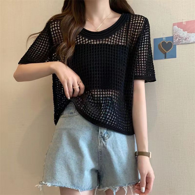 여성용 여름 라운드넥 루즈핏 펀칭 니트티 자외선 차단 반팔 티셔츠
