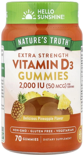 Nature's Truth 비타민D3 맛있는 파인애플 구미젤리 70개(구미젤리 1개당 25mcg(1000IU)), NaturesTruth비타민D3맛있는파인애플구미젤리70, 1개, 70정 - 쿠팡