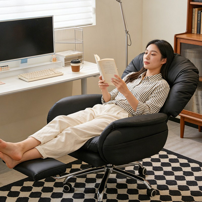 리클라이너 컴퓨터 의자 1인용 사무용 의자 발받침 포함 각도조절 푹신한 게이밍 의자 원룸 책상 의자, 블랙