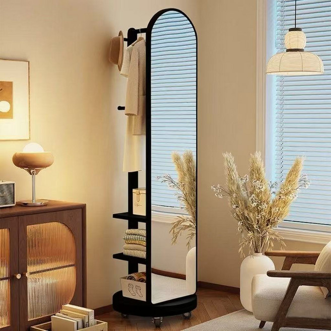 다용도 전신거울 옷걸이행거 1단 이동식 회전형 수납 행거 스탠드 옷걸이 시스템 행거, 블랙