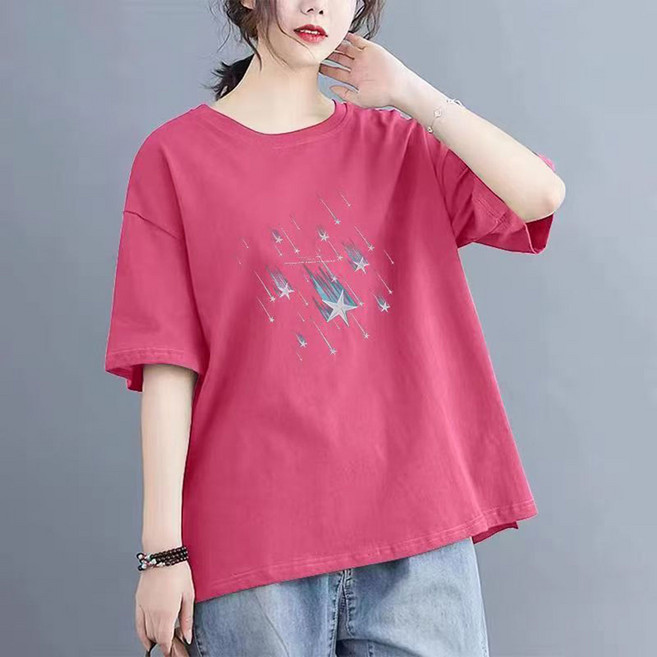 ROYALBELLE 여성 순면 빅사이즈 반팔 티셔츠 라운드넥 프린트 얇은 중년여성 루즈핏 티셔츠 J042419