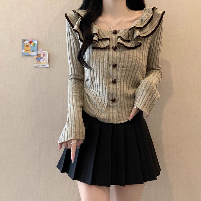 COSYEVNO 여성 봄가을 하트 단추 프릴 넥 골지 니트 풀오버 긴팔 TZKcs-7