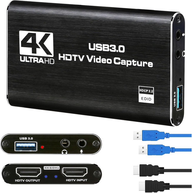 4K 오디오 비디오 캡처 카드 2.2 USB 장치 게임 풀 HDMI 방송용 3.5mm HDCP 1080P 라이브 입력 녹화 HD 스트리밍 3.0, Black, 1개