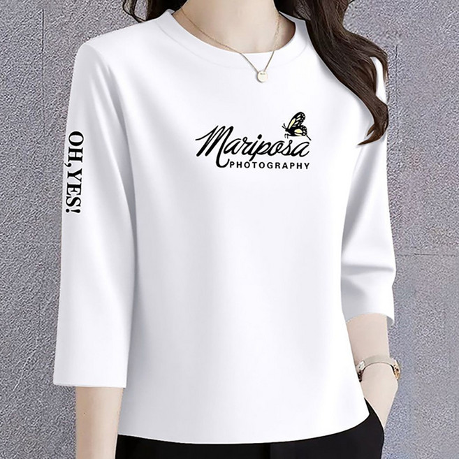 ROYALBELLE 여성 라운드 7부소매 나비레터링 프린트 순면 얇은 루즈핏 캐주얼 티셔츠 V01020211