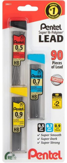 펜텔 슈퍼하이폴리머 샤프심 리필 - 0.5mm 0.7mm 0.9mm 90개 LED (사이즈별 30개), 90 Count (Pack of 1)
