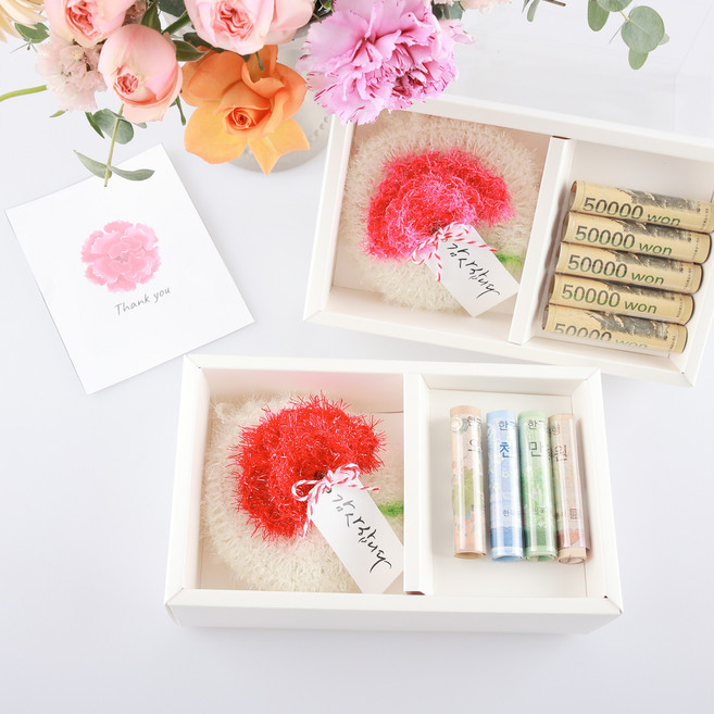 핸드메이드 카네이션 손뜨개 수세미 어린이집 스승의날 어버이날 단체선물 졸업선물, RED, 용돈상자, 1개