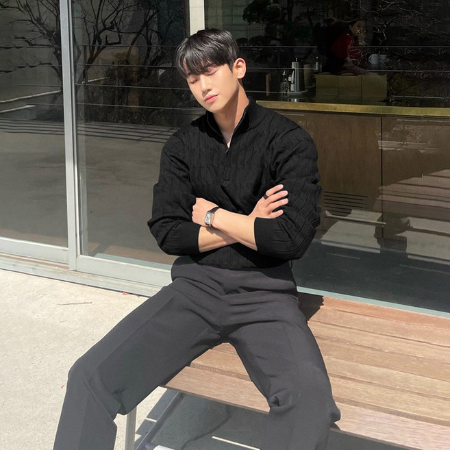 ANYOU 남성용 긴팔 니트 티셔츠 폴로 셔츠 심플한 코디 카라 상의