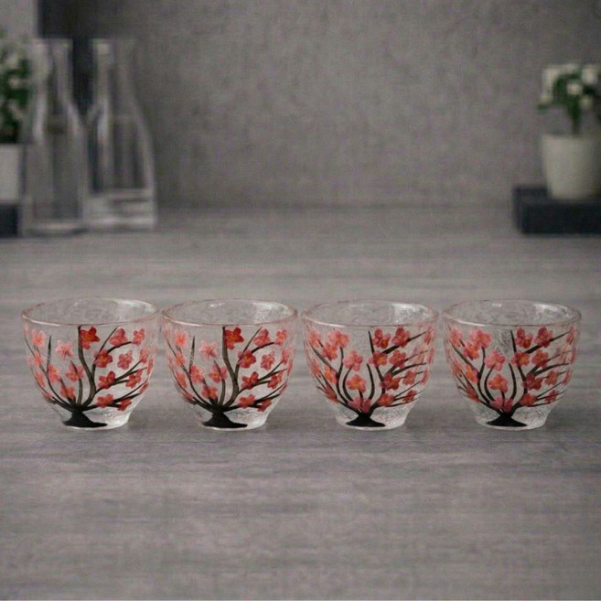 잔집사 벚꽃잔 사케잔 4P 세트 감성 술잔 홈술잔 소주잔 예쁜 술잔, 4개, 투명