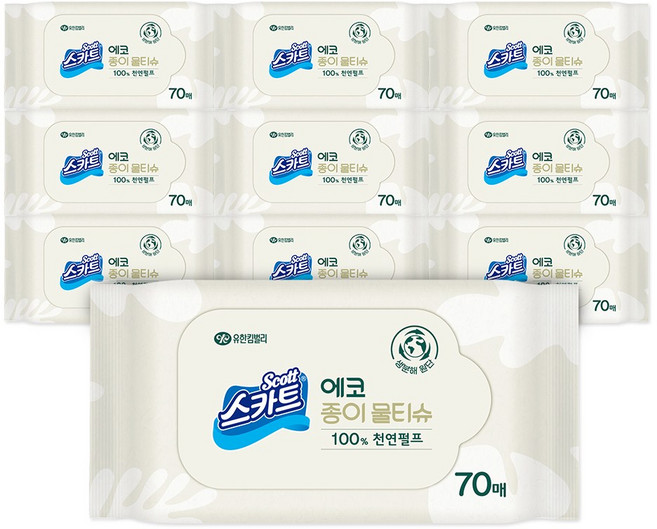 스카트 에코 종이 물티슈 리필형 70매, 70매입, 10개