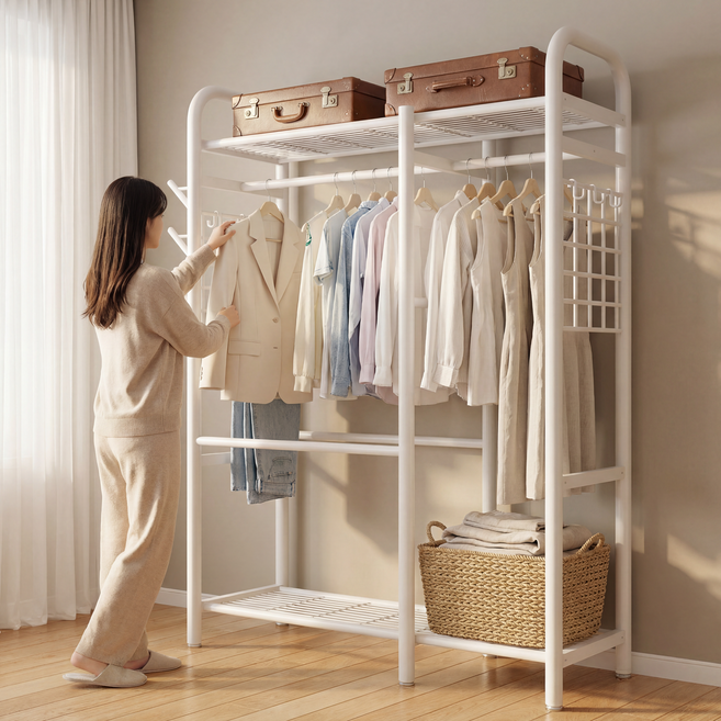 Unihome 튼튼한 친환경 보강형 대용량 시스템 행거 스탠드 드레스룸 옷장 선반 행거, 화이트, 싱글 1단