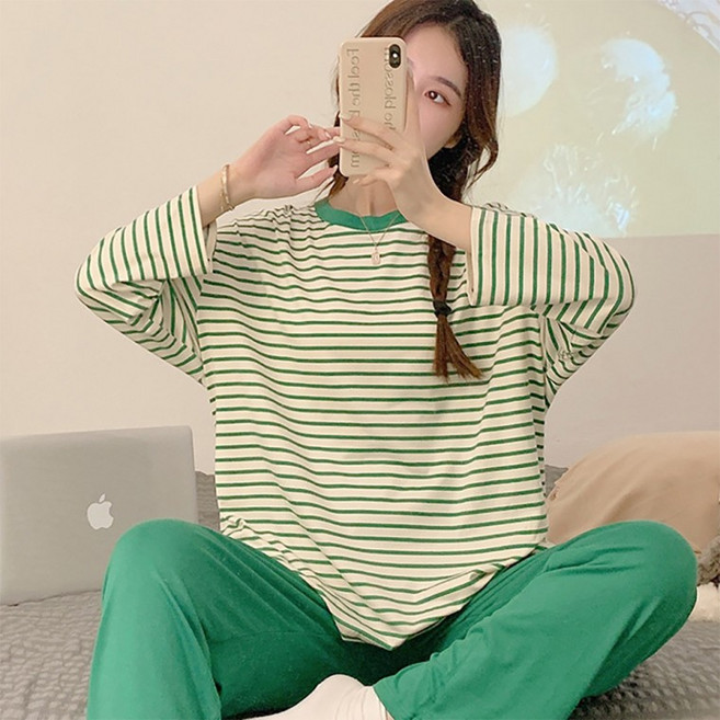 [민메이커] 홈웨어상하세트 캡내장잠옷 긴팔 바지 홈웨어 노브라티셔츠 브라캡 단가라 파자마 (당일출고)