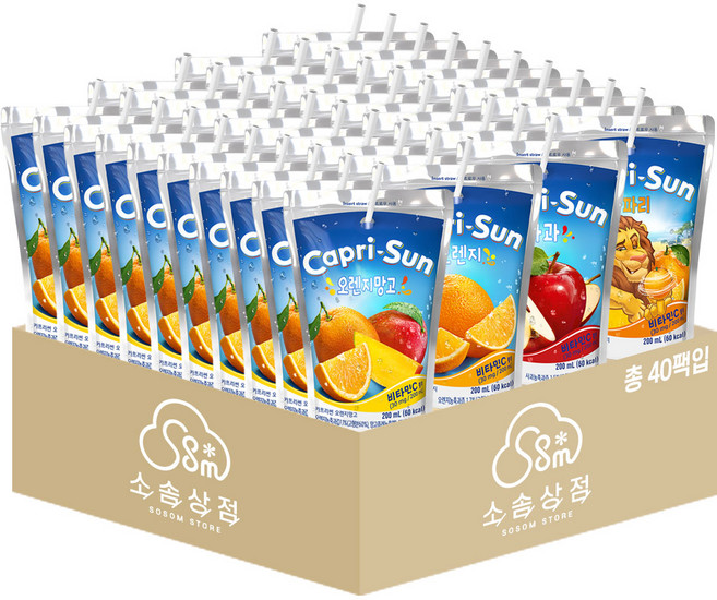 소솜상점 카프리썬 200ml 혼합 40팩 (오렌지망고+오렌지+사과+사파리 각 10팩), 1세트