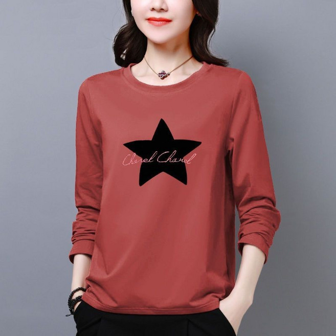 長袖t恤女 秋冬長袖 上衣女 純棉長袖t恤 韓版大碼女裝寬鬆印花上衣