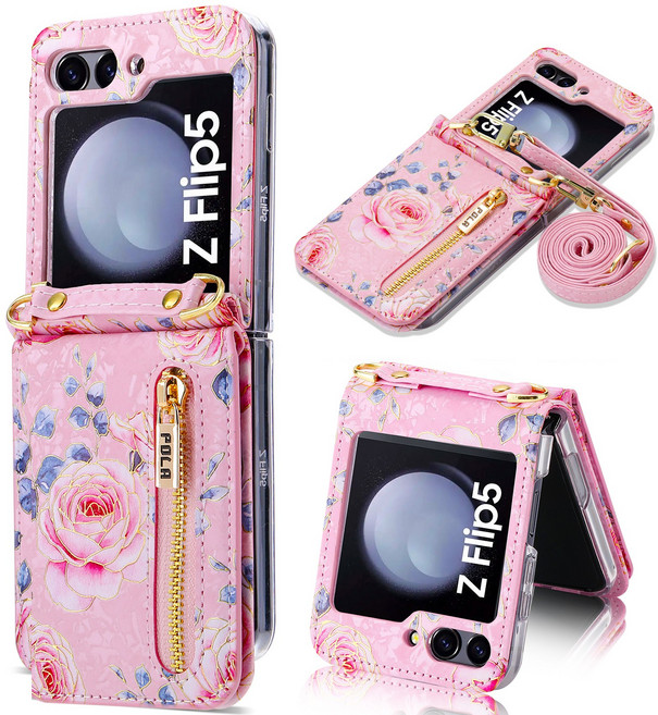 HODON 갤럭시 Z 플립6 5 4 3 플라워 숄더 스트랩 목걸이 가방 케이스 다이어리 지갑형 카드수납 지퍼 케이스
