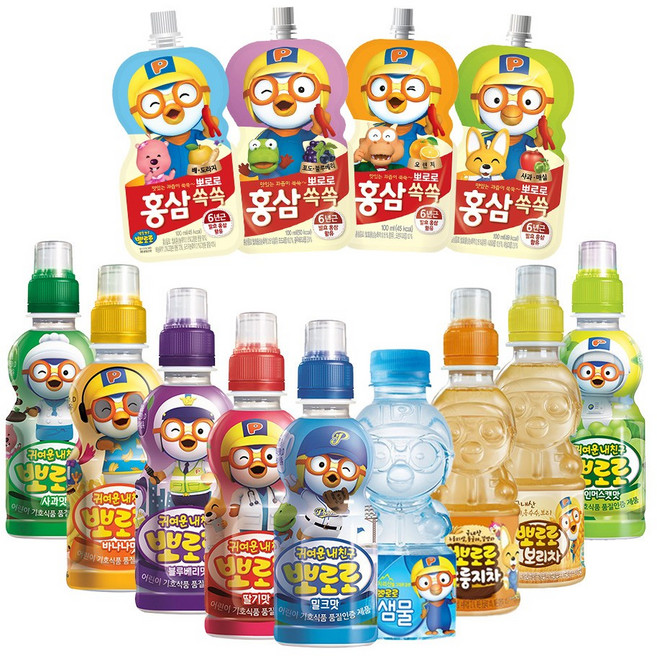 팔도 뽀로로음료 10개 + 홍삼쏙쏙 6개, 뽀로로누룽지차 10개, 홍삼쏙쏙 포도블루베리 6개, 100ml