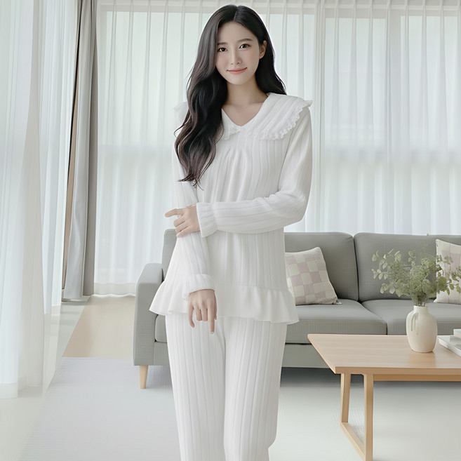 오버핏 파자마 수면잠옷. 화이트 극세사 잠옷 겨울 홈웨어 세트