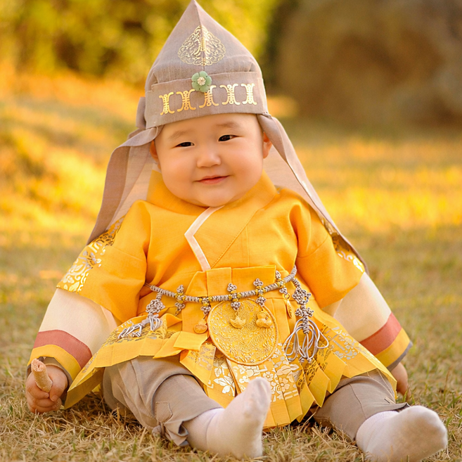 아가명주 노랑나비 금박 철릭 한복 돌한복 남아한복 세트